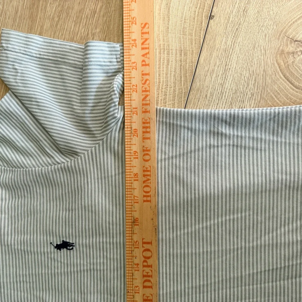 Ralph Lauren Polo Shirt Mens M Grey White Striped Short Sleeve Pony Logo read